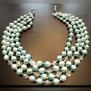 VINTAGE ESTATE SIGNED JAPAN 4 STRAND BLUE BEADED 16" NECKLACE